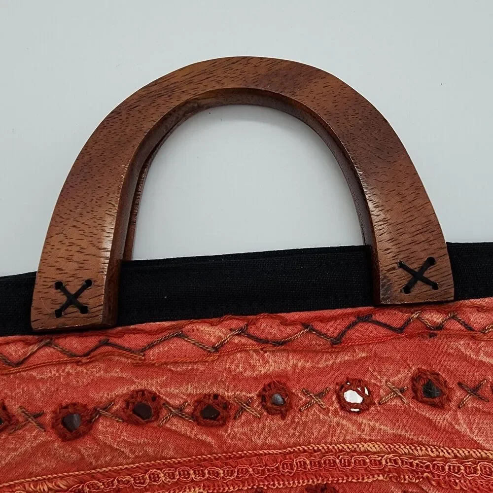 Thai Fabric Wooden Handle Tote Bag Orange Embroidered Artisan Boho Hippie 10x6